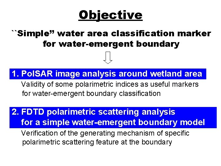Objective ``Simple’’ water area classification marker for water-emergent boundary 1. Pol. SAR image analysis