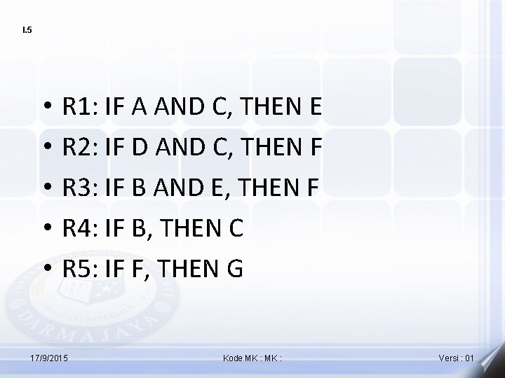 I. 5 • • • R 1: IF A AND C, THEN E R I. 5 • • • R 1: IF A AND C, THEN E R