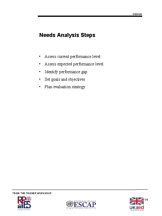 DESIGN Needs Analysis Steps • Assess current performance level • Assess expected performance level