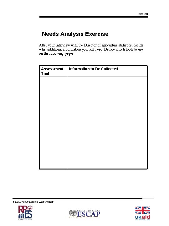 DESIGN Needs Analysis Exercise After your interview with the Director of agriculture statistics, decide