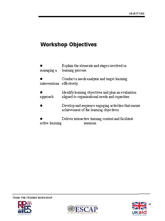 OBJECTIVES Workshop Objectives managing a Explain the elements and stages involved in learning process.