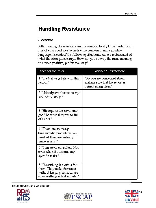 DELIVERY Handling Resistance Exercise After naming the resistance and listening actively to the participant,