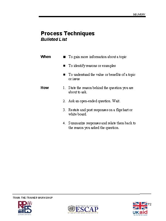 DELIVERY Process Techniques Bulleted List When How To gain more information about a topic