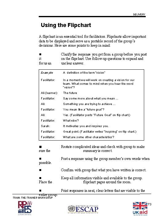 DELIVERY Using the Flipchart A flipchart is an essential tool for facilitators. Flipcharts allow