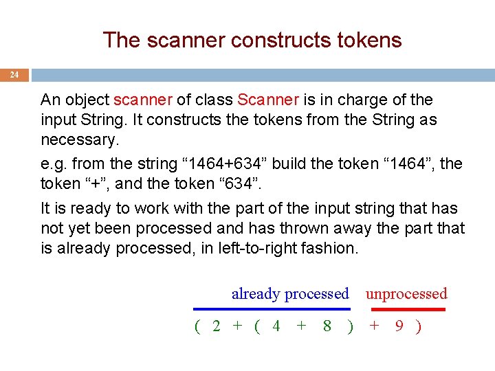 The scanner constructs tokens 24 An object scanner of class Scanner is in charge