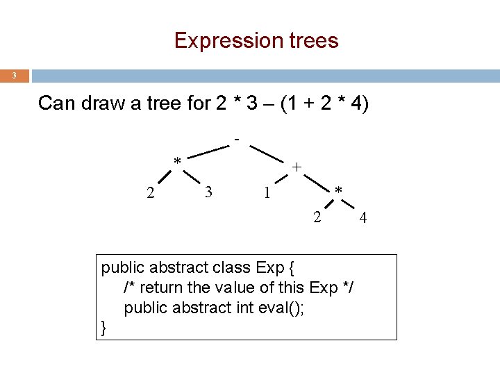 Expression trees 3 Can draw a tree for 2 * 3 – (1 +