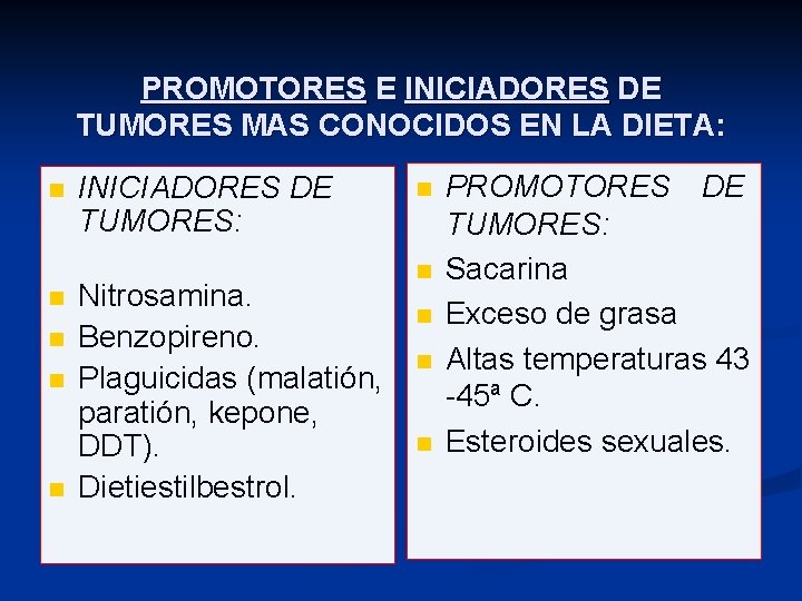 PROMOTORES E INICIADORES DE TUMORES MAS CONOCIDOS EN LA DIETA: n n n INICIADORES