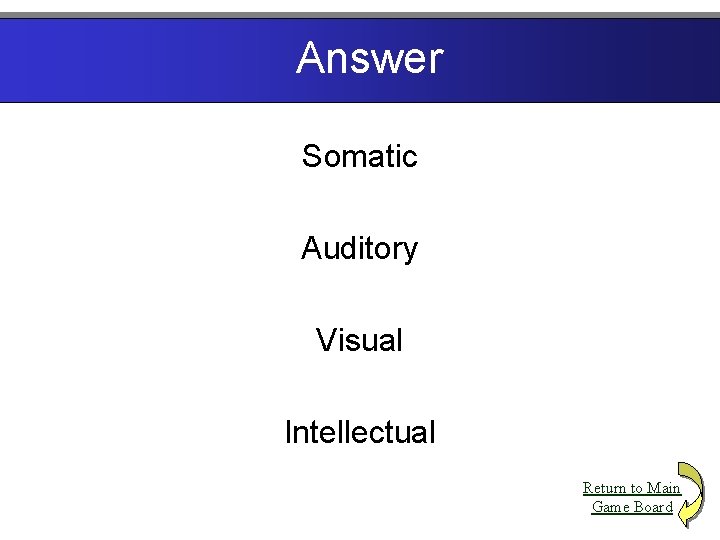 Answer Somatic Auditory Visual Intellectual Return to Main Game Board 