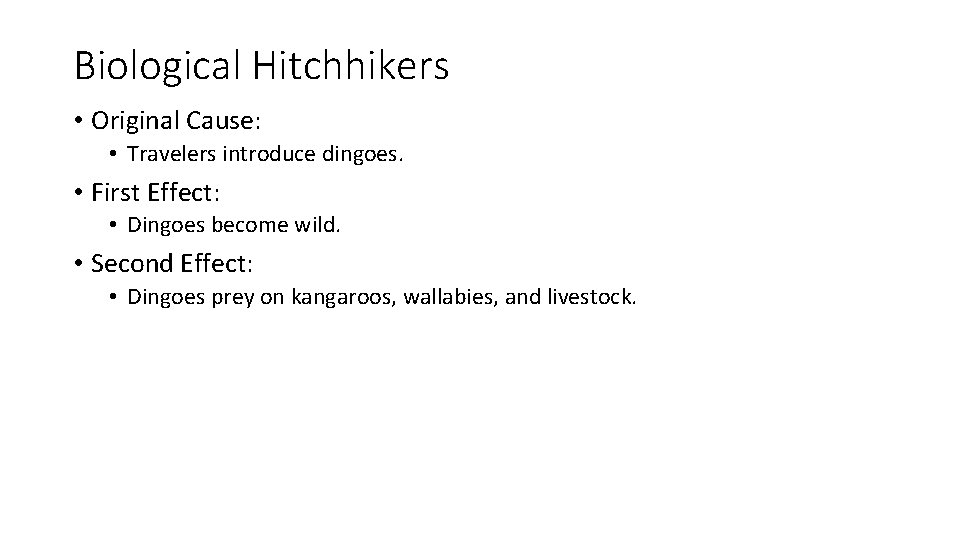 Biological Hitchhikers • Original Cause: • Travelers introduce dingoes. • First Effect: • Dingoes