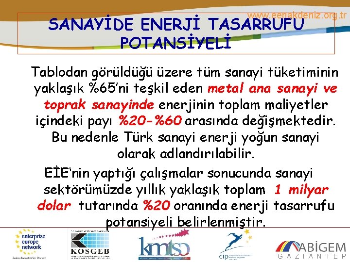 www. eenakdeniz. org. tr SANAYİDE ENERJİ TASARRUFU POTANSİYELİ Tablodan görüldüğü üzere tüm sanayi tüketiminin