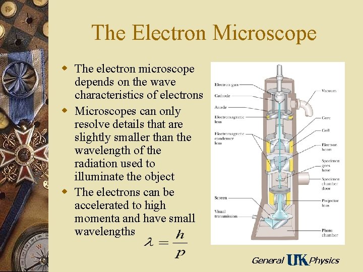 The Electron Microscope w The electron microscope depends on the wave characteristics of electrons