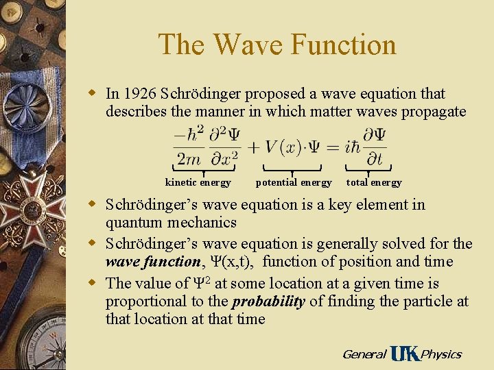 The Wave Function w In 1926 Schrödinger proposed a wave equation that describes the