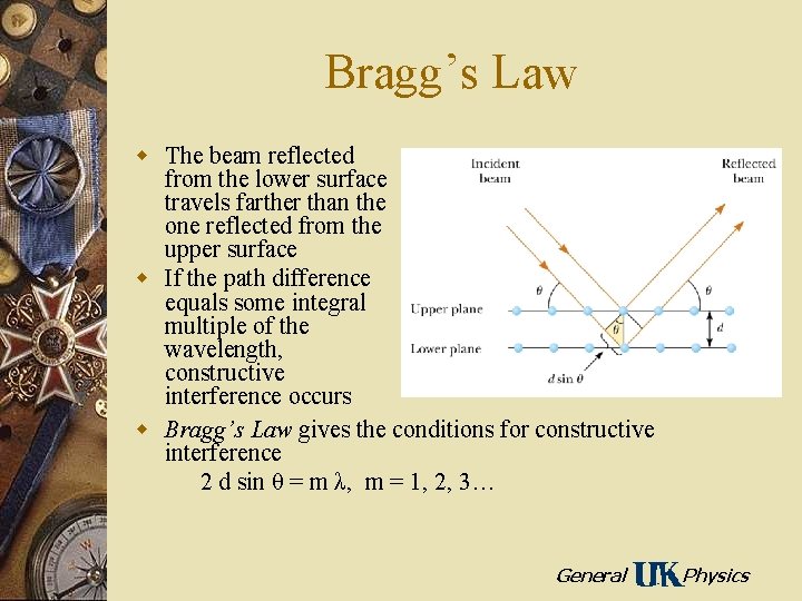 Bragg’s Law w The beam reflected from the lower surface travels farther than the