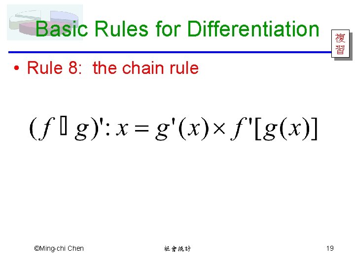 Basic Rules for Differentiation 複 習 • Rule 8: the chain rule ©Ming-chi Chen