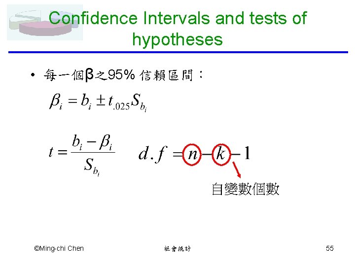 Confidence Intervals and tests of hypotheses • 每一個β之95% 信賴區間： 自變數個數 ©Ming-chi Chen 社會統計 55