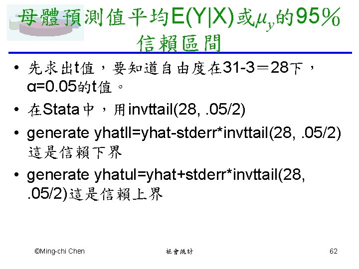 母體預測值平均E(Y|X)或μy的95％ 信賴區間 • 先求出t值，要知道自由度在 31 -3＝ 28下， α=0. 05的t值。 • 在Stata中，用invttail(28, . 05/2) •