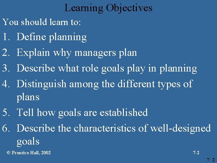 Learning Objectives You should learn to: 1. 2. 3. 4. Define planning Explain why