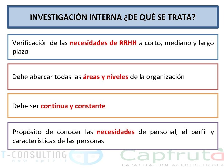 INVESTIGACIÓN INTERNA ¿DE QUÉ SE TRATA? Verificación de las necesidades de RRHH a corto,