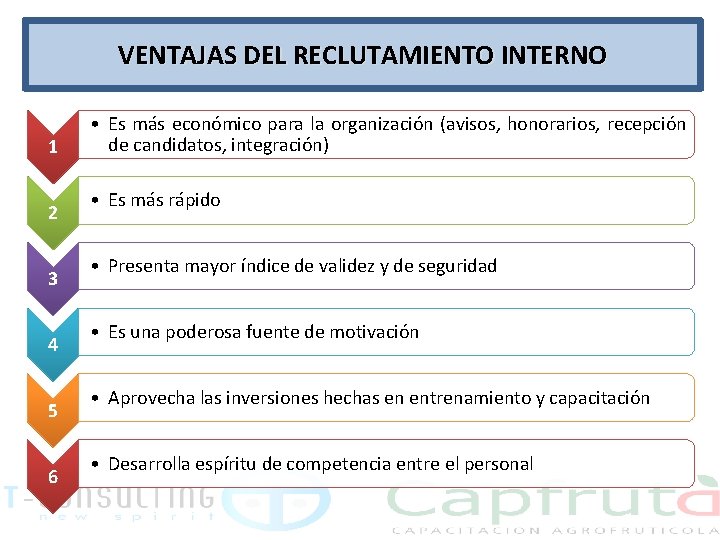 VENTAJAS DEL RECLUTAMIENTO INTERNO 1 2 3 4 5 6 • Es más económico