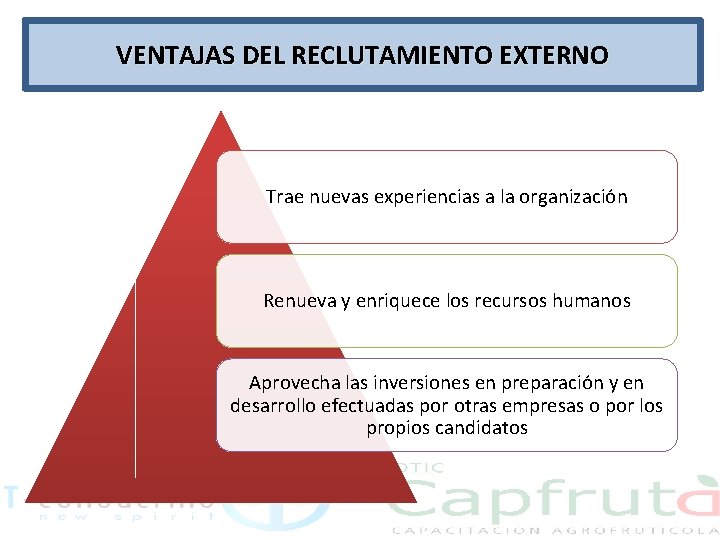 VENTAJAS DEL RECLUTAMIENTO EXTERNO Trae nuevas experiencias a la organización Renueva y enriquece los