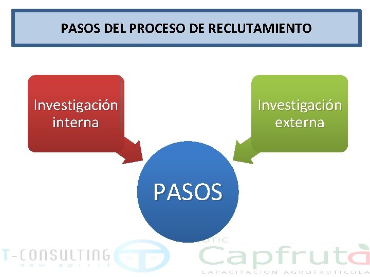 PASOS DEL PROCESO DE RECLUTAMIENTO Investigación interna Investigación externa PASOS 