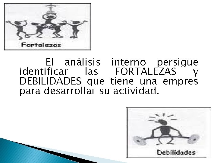 El análisis interno persigue identificar las FORTALEZAS y DEBILIDADES que tiene una empres para