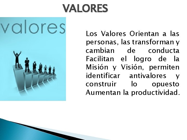 VALORES Los Valores Orientan a las personas, las transforman y cambian de conducta Facilitan