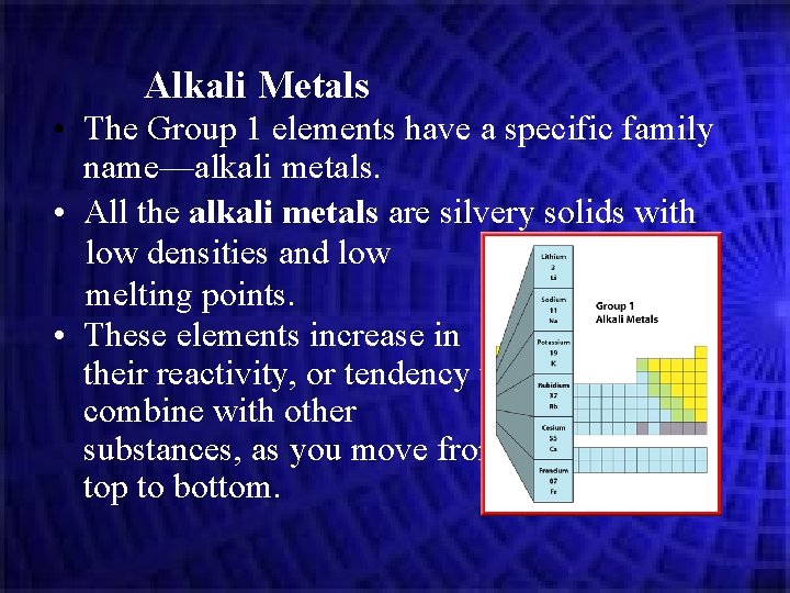 Alkali Metals • The Group 1 elements have a specific family name—alkali metals. • Alkali Metals • The Group 1 elements have a specific family name—alkali metals. •