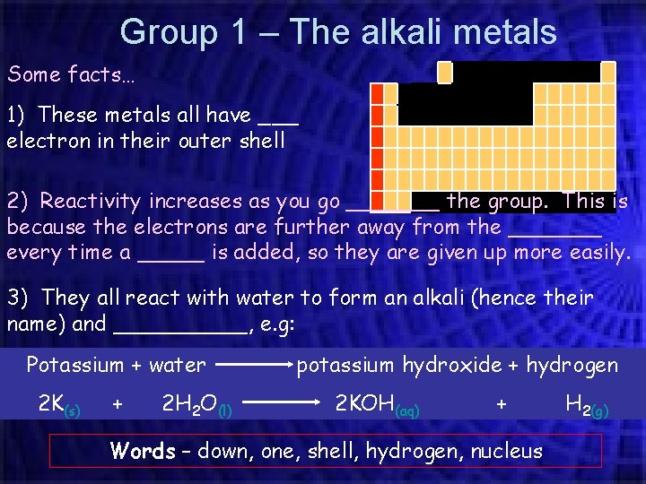 Group 1 – The alkali metals Some facts… 1) These metals all have ___ Group 1 – The alkali metals Some facts… 1) These metals all have ___