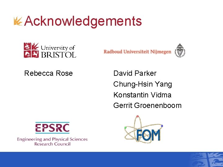 Acknowledgements Rebecca Rose David Parker Chung-Hsin Yang Konstantin Vidma Gerrit Groenenboom 