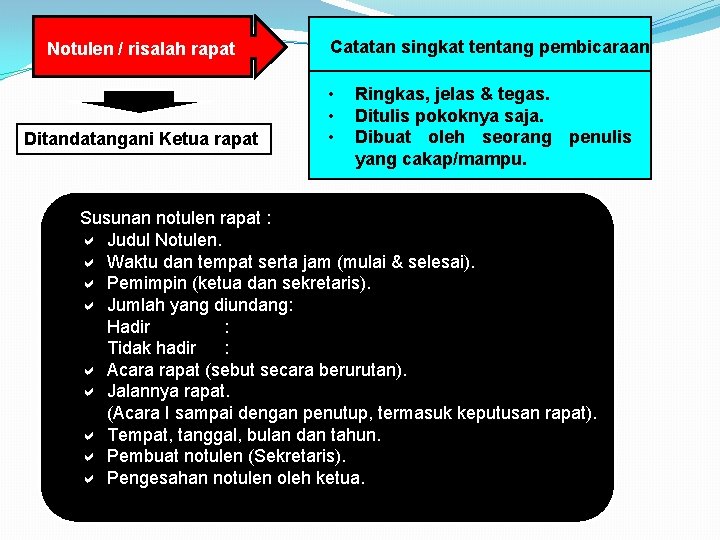 Notulen / risalah rapat Ditandatangani Ketua rapat Catatan singkat tentang pembicaraan • • •