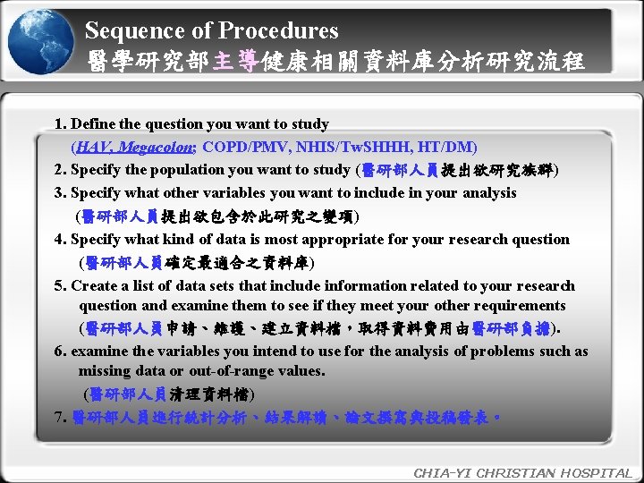 Sequence of Procedures 醫學研究部主導健康相關資料庫分析研究流程 主導 1. Define the question you want to study (HAV,