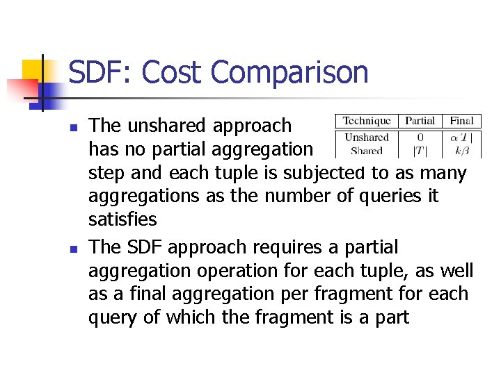 SDF: Cost Comparison n n The unshared approach has no partial aggregation step and SDF: Cost Comparison n n The unshared approach has no partial aggregation step and