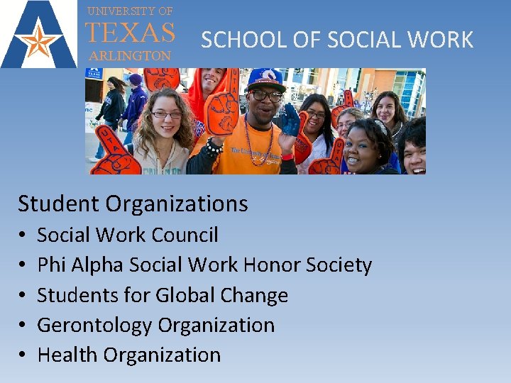 UNIVERSITY OF TEXAS SCHOOL OF SOCIAL WORK ARLINGTON Student Organizations • • • Social
