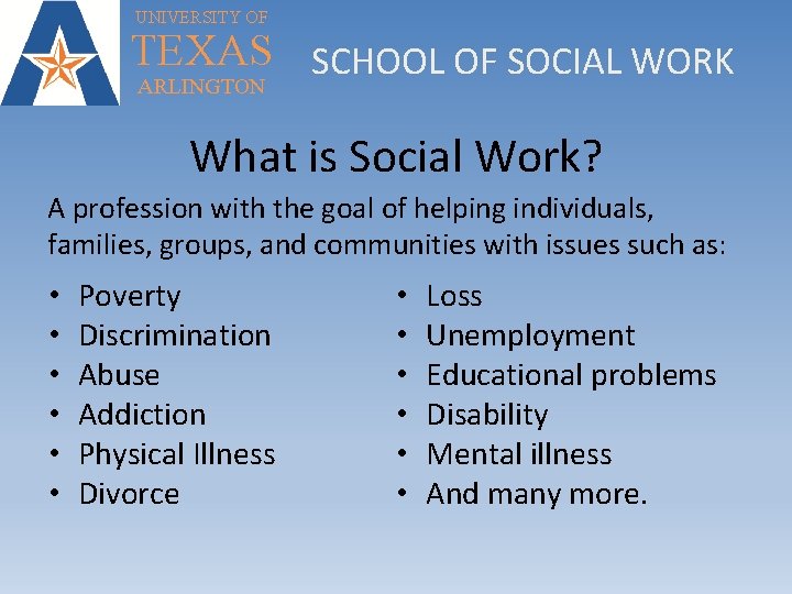 UNIVERSITY OF TEXAS SCHOOL OF SOCIAL WORK ARLINGTON What is Social Work? A profession