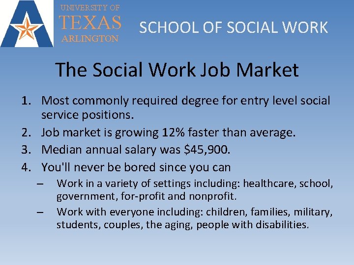 UNIVERSITY OF TEXAS SCHOOL OF SOCIAL WORK ARLINGTON The Social Work Job Market 1.