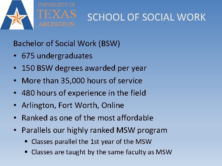 UNIVERSITY OF TEXAS SCHOOL OF SOCIAL WORK ARLINGTON Bachelor of Social Work (BSW) •