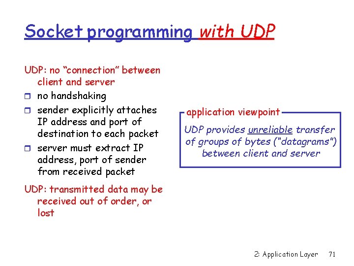 Socket programming with UDP: no “connection” between client and server r no handshaking r