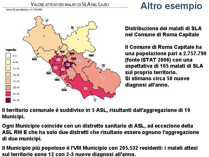 Altro esempio Distribuzione dei malati di SLA nel Comune di Roma Capitale ll Comune