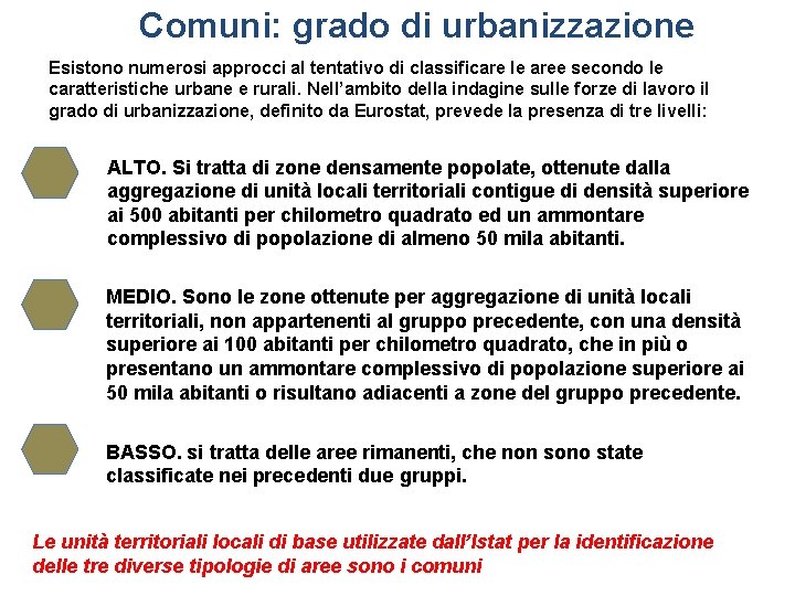 Comuni: grado di urbanizzazione Esistono numerosi approcci al tentativo di classificare le aree secondo