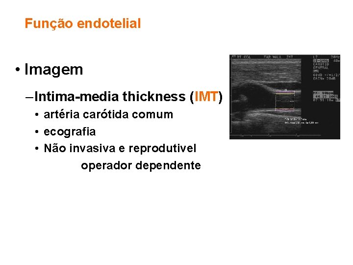 Função endotelial • Imagem – Intima-media thickness (IMT) • artéria carótida comum • ecografia