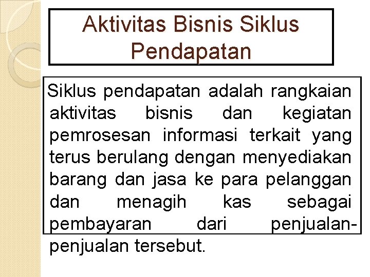 Aktivitas Bisnis Siklus Pendapatan Siklus pendapatan adalah rangkaian aktivitas bisnis dan kegiatan pemrosesan informasi