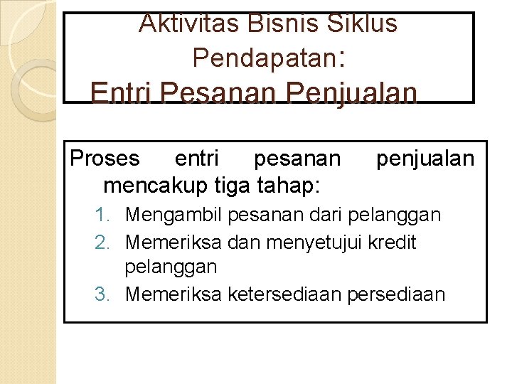 Aktivitas Bisnis Siklus Pendapatan: Entri Pesanan Penjualan Proses entri pesanan mencakup tiga tahap: penjualan