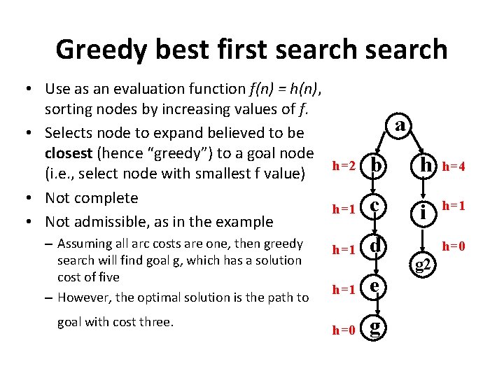 Greedy best first search • Use as an evaluation function f(n) = h(n), sorting