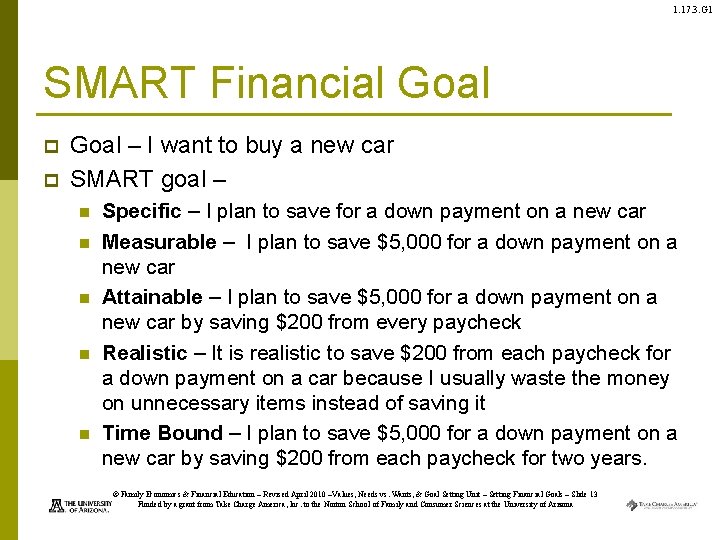 1. 17. 3. G 1 SMART Financial Goal p p Goal – I want