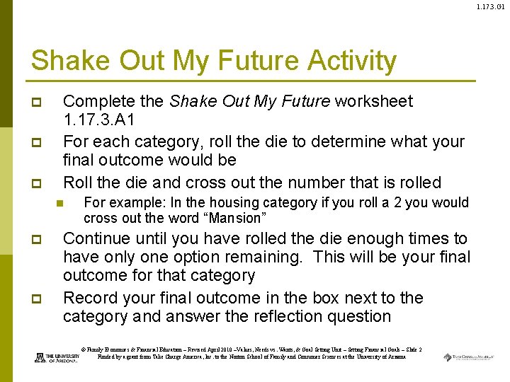 1. 17. 3. G 1 Shake Out My Future Activity p p p Complete