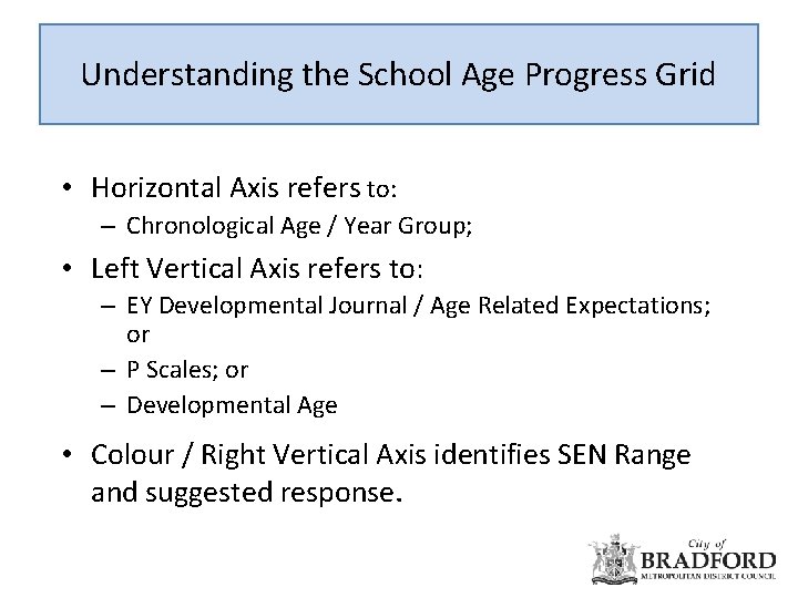 Understanding the School Age Progress Grid • Horizontal Axis refers to: – Chronological Age