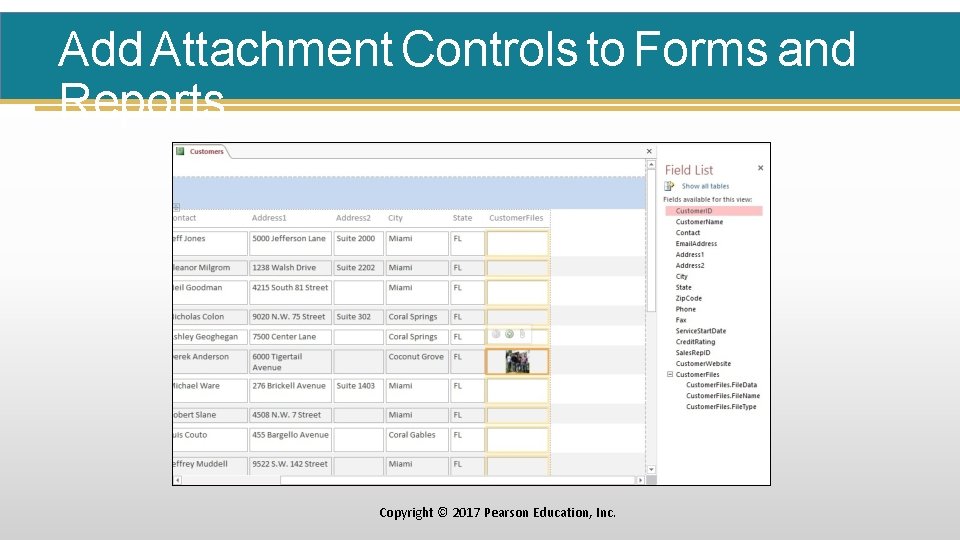 Add Attachment Controls to Forms and Reports Copyright © 2017 Pearson Education, Inc. 