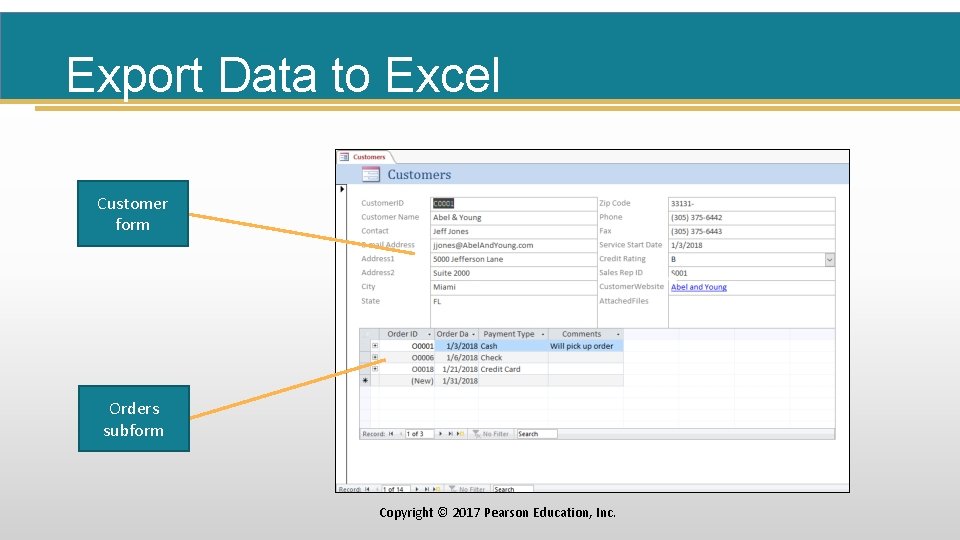 Export Data to Excel Customer form Orders subform Copyright © 2017 Pearson Education, Inc.