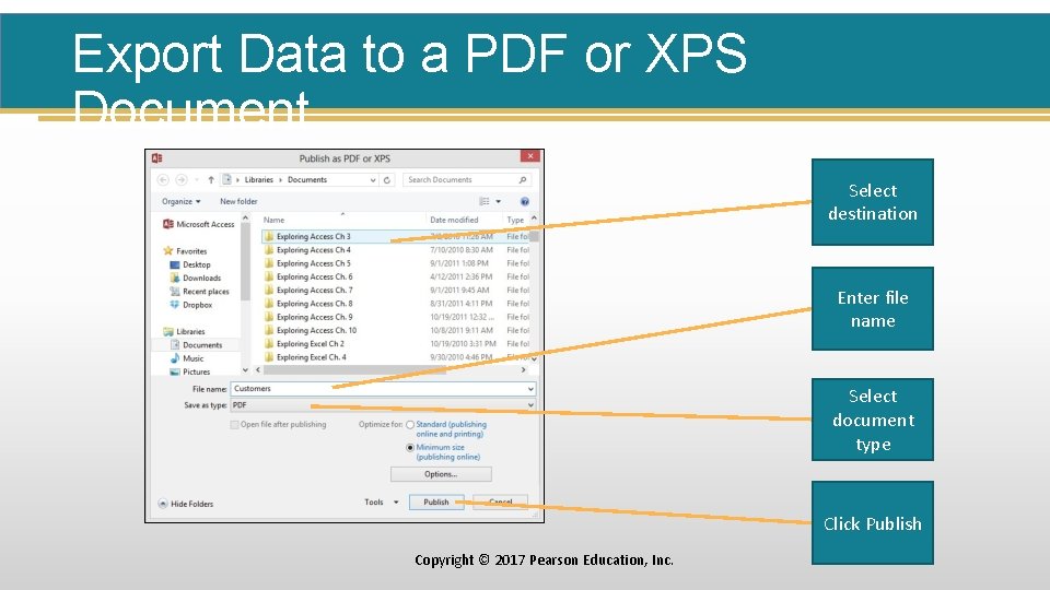 Export Data to a PDF or XPS Document Select destination Enter file name Select